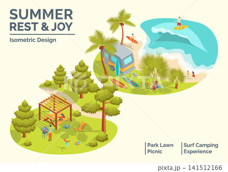 Cartoon Color Summer Rest and Joy Concept Park Lawn Picnic and Surf Camping Experience 3d Isometric View. Vector illustration Cartoon Color Summer Rest and Joy Concept Park Lawn Picnic and Surf Camping Experience 3d Isometric View. Vector illustration 141512166