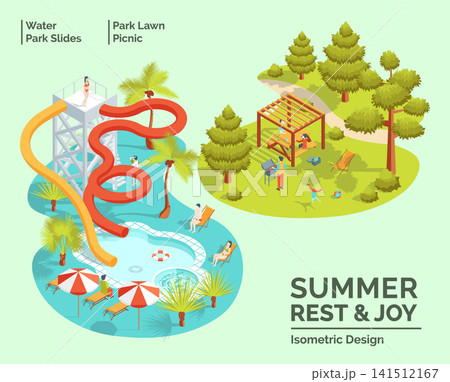 Cartoon Color Summer Rest and Joy Concept Park Lawn Picnic and Water Park Slides 3d Isometric View. Vector illustration 141512167