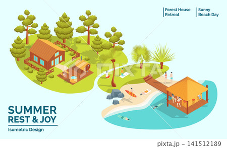 Cartoon Color Summer Rest and Joy Concept Forest House Retreat and Sunny Beach Day 3d Isometric View. Vector illustration Cartoon Color Summer Rest and Joy Concept Forest House Retreat and Sunny Beach Day 3d Isometric View. Vector illustration 141512189