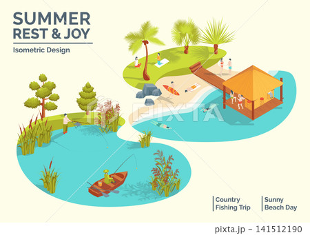 Cartoon Color Summer Rest and Joy Concept Country Fishing Trip and Sunny Beach Day 3d Isometric View. Vector illustration 141512190