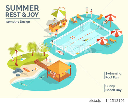 Cartoon Color Summer Rest and Joy Concept Swimming Pool Fun and Sunny Beach Day 3d Isometric View. Vector illustration 141512193