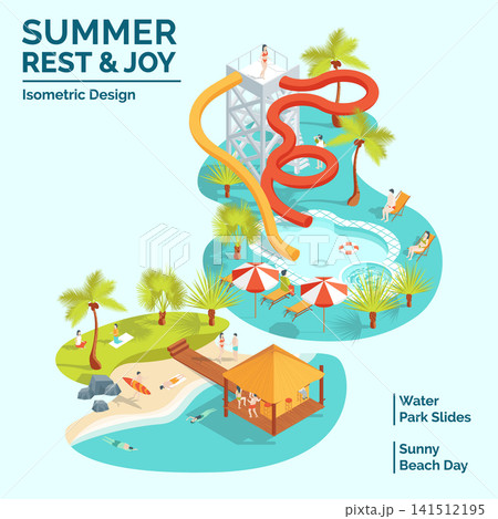 Cartoon Color Summer Rest and Joy Concept Sunny Beach Day and Water Park Slides 3d Isometric View. Vector illustration Cartoon Color Summer Rest and Joy Concept Sunny Beach Day and Water Park Slides 3d Isometric View. Vector illustration 141512195