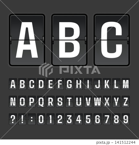 Flip board font. Departure scoreboard, arrival flight schedule countdown display clock number letter alphabet analog time retro counter type 3d realistic garish vector illustration Flip board font. Departure scoreboard, arrival flight schedule countdown display clock number letter alphabet analog time retro counter type 3d realistic garish vector illustration 141512244