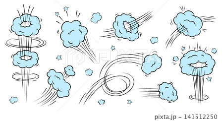 Comic jump motion effect. Cartoon speed run smoke cloud, wind fast poof puff whoosh dust air bubble fly ring trail boom bang doodle smelly gas jet qualitative vector illustration 141512250