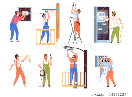 Electrician workers. Electric engineer technician repair, installation maintenance service worker power cable wire tower meter system safety equipment classy vector illustration 141512264
