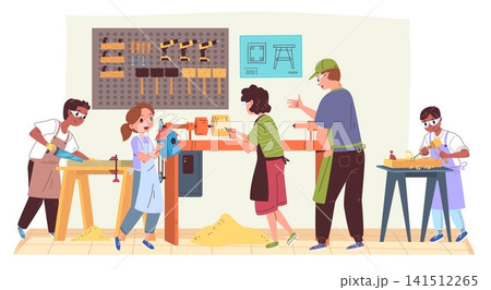 Woodwork teacher. Carpentry children workshop, carpenter kid apprentice wood work master class young hand craft artisan child diy school classroom lesson classy vector illustration Woodwork teacher. Carpentry children workshop, carpenter kid apprentice wood work master class young hand craft artisan child diy school classroom lesson classy vector illustration 141512265