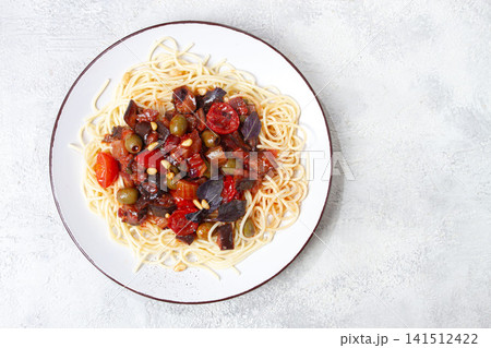 spaghetti with Sicilian caponata, vegetable stew, Italian cuisine, homemade, no people, 141512422