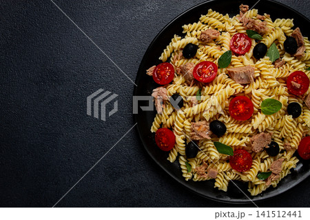 Tuna salad, fusilli pasta, olives and cherry, olive oil, homemade, Tuna salad, fusilli pasta, olives and cherry, olive oil, homemade, 141512441