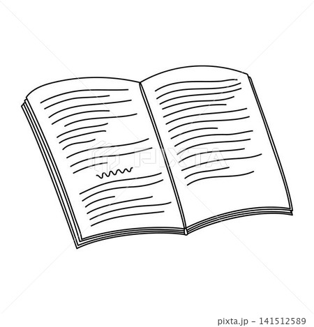 Open book with pages hand drawn linear doodle vector illustration, simple notebook or journal icon for educational school design and coloring pages, cute outline line art element 141512589