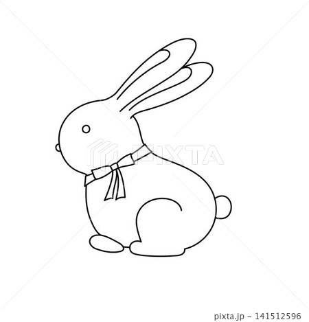 Cute Easter bunny wearing ribbon bow, holiday chocolate dessert hand drawn linear illustration, sweet rabbit animal character for spring holiday design and coloring pages, simple outline doodle Cute Easter bunny wearing ribbon bow, holiday chocolate dessert hand drawn linear illustration, sweet rabbit animal character for spring holiday design and coloring pages, simple outline doodle 141512596