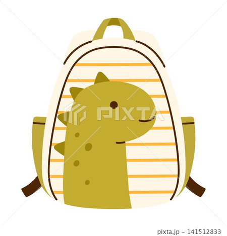 Cute dinosaur school backpack. Adorable kid bag. Back to school, education, kindergarten, preschool, stickers, and children projects concept. Vector illustration in cartoon style. Isolated background 141512833