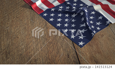 American Flag Draped Across a Rustic Wooden Surface 3d render. 141513124