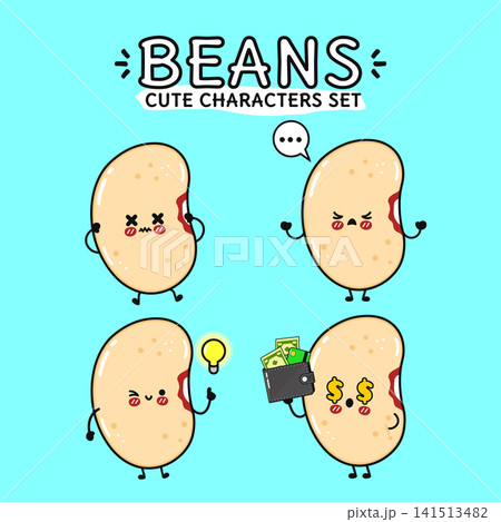 Cute cartoon bean characters with various emotions and actions 141513482