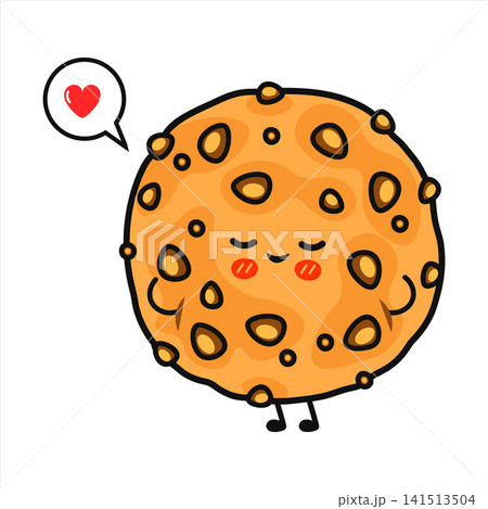 Cute cartoon cookie character with a heart symbol in a speech bubble Cute cartoon cookie character with a heart symbol in a speech bubble 141513504