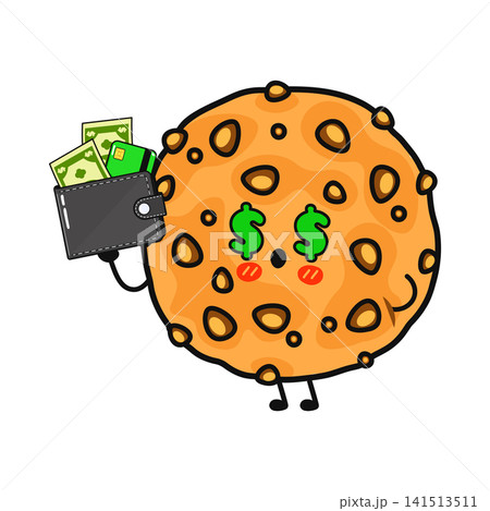 Cute cookie character holding a wallet full of cash and credit cards Cute cookie character holding a wallet full of cash and credit cards 141513511