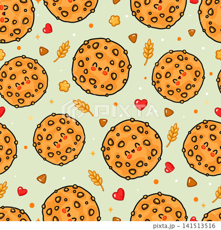 Cute cartoon chocolate chip cookies with happy faces and hearts seamless pattern 141513516