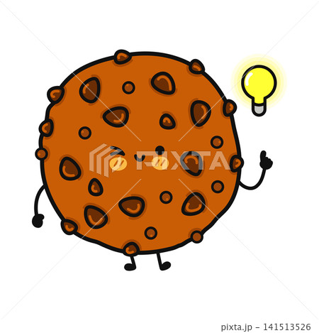 Cute cartoon cookie character with a bright idea lightbulb above its head 141513526