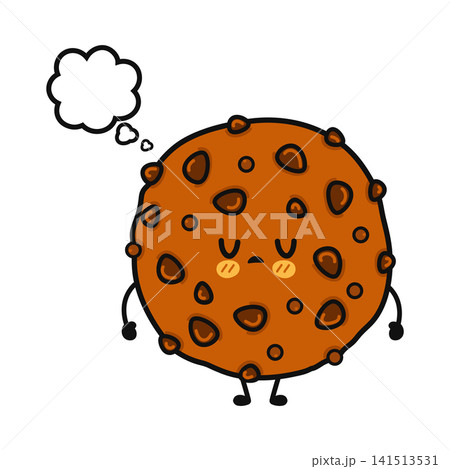 Cute cartoon cookie character with a thought bubble and sad expression Cute cartoon cookie character with a thought bubble and sad expression 141513531