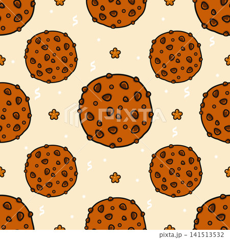 Seamless pattern of cartoon chocolate chip cookies on a light background Seamless pattern of cartoon chocolate chip cookies on a light background 141513532