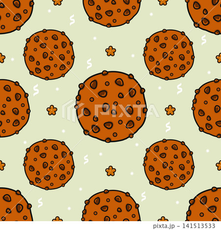 Seamless pattern of cartoon chocolate chip cookies on a light green background Seamless pattern of cartoon chocolate chip cookies on a light green background 141513533
