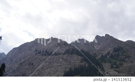 Dramatic photograph of rugged mountain peaks and evergreen trees against an overcast sky, somber concept. Dramatic photograph of rugged mountain peaks and evergreen trees against an overcast sky, somber concept. 141513652