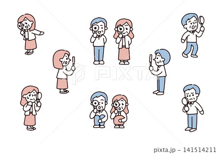 虫眼鏡でいろんな方向を見るシニア夫婦のイラストセット 虫眼鏡でいろんな方向を見るシニア夫婦のイラストセット 141514211