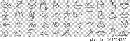 A set of monochrome line art icons related to beauty and spas, created using vectors. A set of monochrome line art icons related to beauty and spas, created using vectors. 141514382