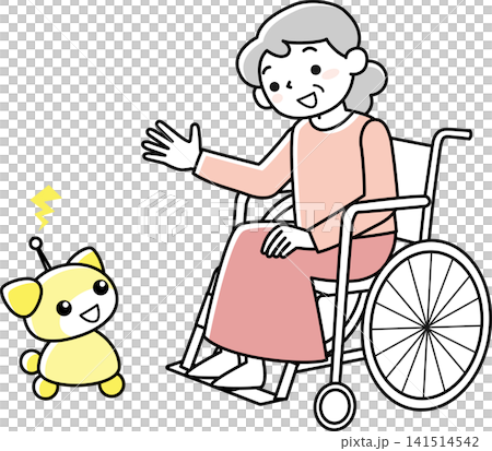 一位坐在輪椅上的老婦人和一台治療機器人 一位坐在輪椅上的老婦人和一台治療機器人 141514542