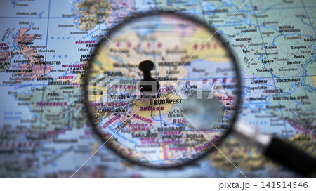 Map focus on Budapest with a magnifying glass showing location clearly 141514546