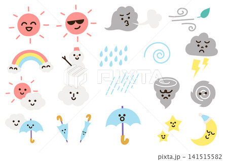 天気や気候のかわいいフラット手描きイラストセット 天気や気候のかわいいフラット手描きイラストセット 141515582