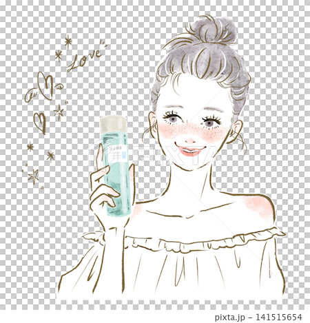 插圖素材，描繪了一位女性體驗化妝品對其自身形象的影響。 141515654