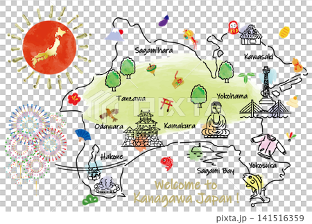 神奈川県の観光スポットと縁起物かわいい手描きイラストマップ 神奈川県の観光スポットと縁起物かわいい手描きイラストマップ 141516359