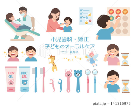 子どもの小児歯科と矯正素材セット　乳幼児の歯磨き・仕上げ磨き・フッ素塗布・検診のイラスト 141516973