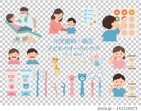 子どもの小児歯科と矯正素材セット　乳幼児の歯磨き・仕上げ磨き・フッ素塗布・検診のイラスト 141516973