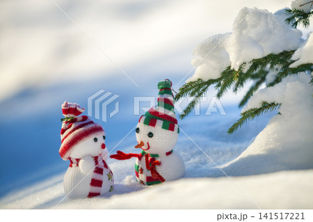 Two small funny toys baby snowman in knitted hats and scarves in deep snow outdoors near pine tree branch. Happy New Year and Merry Christmas greeting card. Two small funny toys baby snowman in knitted hats and scarves in deep snow outdoors near pine tree branch. Happy New Year and Merry Christmas greeting card. 141517221