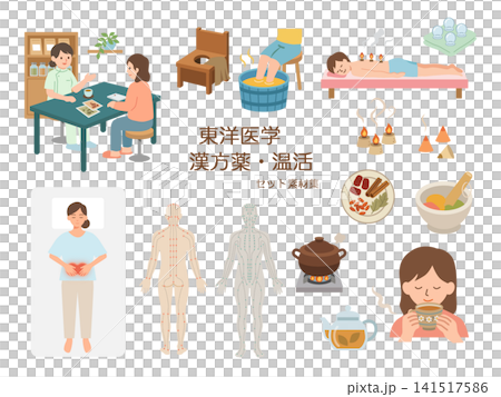 A set of materials for Oriental medicine, herbal medicine, and warming therapies: illustrations of acupuncture, moxibustion, mugwort steaming, acupoints, meridians, and cupping. A set of materials for Oriental medicine, herbal medicine, and warming therapies: illustrations of acupuncture, moxibustion, mugwort steaming, acupoints, meridians, and cupping. 141517586
