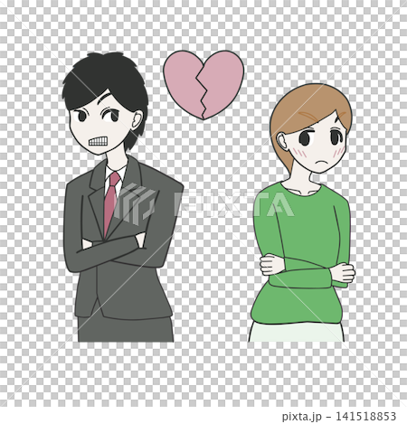 一幅描繪一對瀕臨離婚的夫婦的插圖,他們背對著彼此爭吵。 一幅描繪一對瀕臨離婚的夫婦的插圖,他們背對著彼此爭吵。 141518853