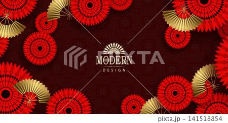 Stunning burgundy design with a Chinese pattern and golden fans Stunning burgundy design with a Chinese pattern and golden fans 141518854
