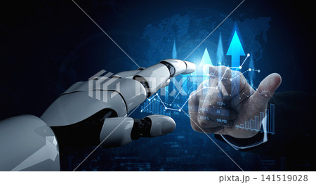 Futuristic Robotic Hand Interacting with Digital Graphs and Data Analysis Interface in a Dark Technology Background Scalp Futuristic Robotic Hand Interacting with Digital Graphs and Data Analysis Interface in a Dark Technology Background Scalp 141519028