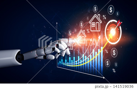 Robot Hand Interacting with Digital Graph Representing Real Estate Trends and Financial Data Visualization for Technology and Investment Concepts. Bitwise Robot Hand Interacting with Digital Graph Representing Real Estate Trends and Financial Data Visualization for Technology and Investment Concepts. Bitwise 141519036