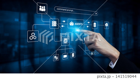 Futuristic Hand Pointing at Digital Interface with Icons Representing Technology, Agents, Data Processing, and Artificial Intelligence Concepts. Glyphic Futuristic Hand Pointing at Digital Interface with Icons Representing Technology, Agents, Data Processing, and Artificial Intelligence Concepts. Glyphic 141519044