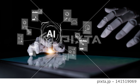 Futuristic Digital Interaction with AI Concept Illustrating Artificial Intelligence and Data Manipulation in a Darkened Environment. Entropy Futuristic Digital Interaction with AI Concept Illustrating Artificial Intelligence and Data Manipulation in a Darkened Environment. Entropy 141519069