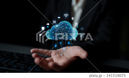 Hand Reaching for Cloud Technology with Digital Icons Representing Data Transfer, Connectivity, and Modern Communication in Business Environment. Glyphic Hand Reaching for Cloud Technology with Digital Icons Representing Data Transfer, Connectivity, and Modern Communication in Business Environment. Glyphic 141519075