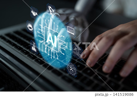 Futuristic Concept of Artificial Intelligence with Digital Icons and Human Interaction on a Keyboard. Glyphic Futuristic Concept of Artificial Intelligence with Digital Icons and Human Interaction on a Keyboard. Glyphic 141519086