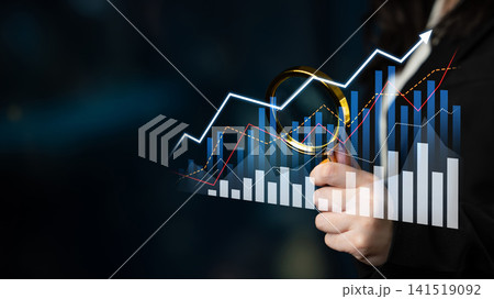 Businesswoman examines stock market trends with magnifying glass, showcasing data analysis, financial insights, and upward market growth concepts Scalp Businesswoman examines stock market trends with magnifying glass, showcasing data analysis, financial insights, and upward market growth concepts Scalp 141519092