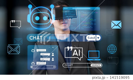 Innovative Businessman Using Virtual Reality Technology with Floating Chatbot and AI Interface Enhancements in a Modern Workspace Environment. Entropy Innovative Businessman Using Virtual Reality Technology with Floating Chatbot and AI Interface Enhancements in a Modern Workspace Environment. Entropy 141519095