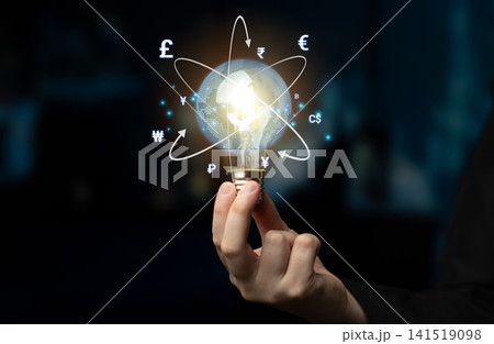 Bright Idea with Light Bulb Symbolizing Global Currency Exchange and Economic Growth in a Modern Business Environment. Sentient Bright Idea with Light Bulb Symbolizing Global Currency Exchange and Economic Growth in a Modern Business Environment. Sentient 141519098