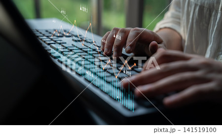 Abstract representation of business analytics data with hands typing on laptop keyboard in modern workspace surrounded by greenery and technology concepts Scalp Abstract representation of business analytics data with hands typing on laptop keyboard in modern workspace surrounded by greenery and technology concepts Scalp 141519100
