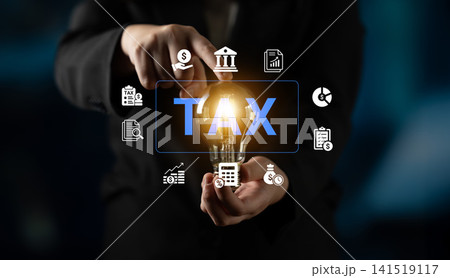 Businessman Holding Light Bulb with Tax Symbols and Icons Representing Concepts of Finance, Revenue, and Planning in a Modern Setting Cyphers. Businessman Holding Light Bulb with Tax Symbols and Icons Representing Concepts of Finance, Revenue, and Planning in a Modern Setting Cyphers. 141519117