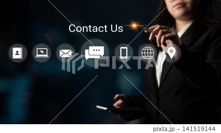 Professional businesswoman holding smartphone with contact icons, symbolizing communication and connection in modern technology-driven world Gantry Professional businesswoman holding smartphone with contact icons, symbolizing communication and connection in modern technology-driven world Gantry 141519144